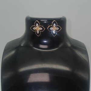 14K Gold Plated Jeweled Black Enamel Clover Style Earrings​​